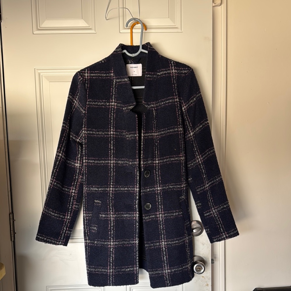 Old Navy Navy and Pink Plaid Pea Coat
